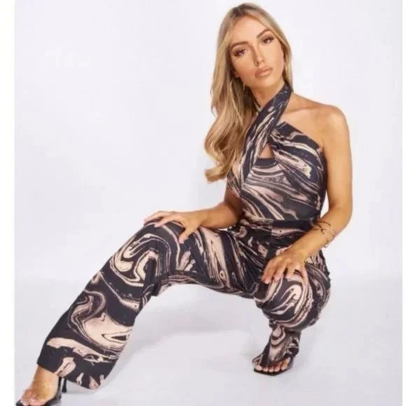 Marble Print Sleeveless Halter Neck Open Back Wide Leg Jumpsuit - Picture 11 of 17